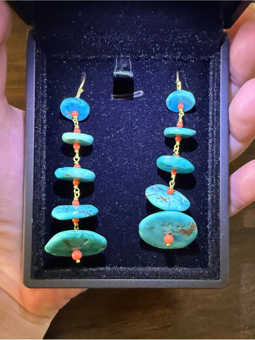 Turquoise and Coral Drop Earrings - Gold Accents